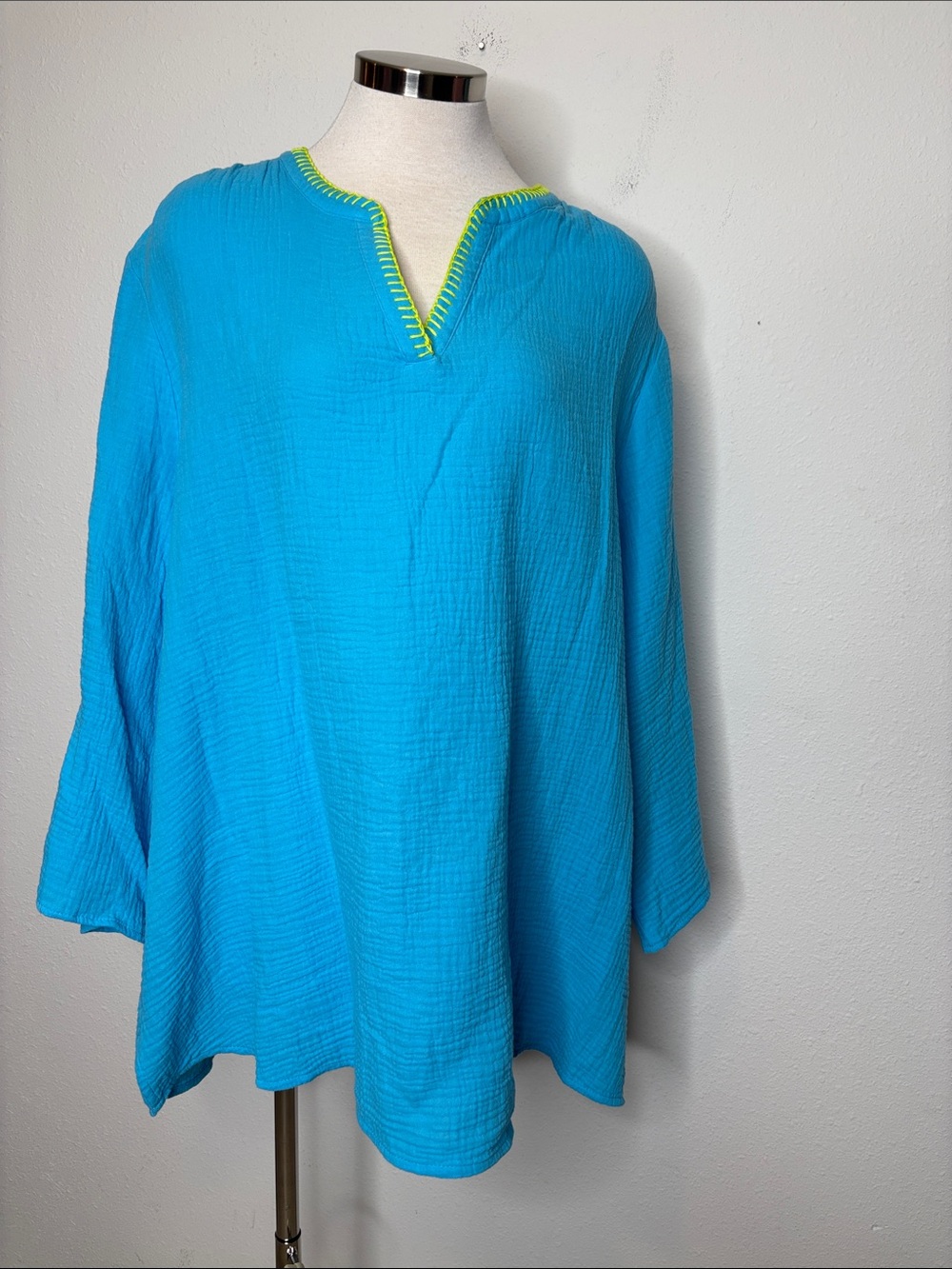 Belle by Kim Gravel Turquoise Split-Neck Tunic with Lime Trim